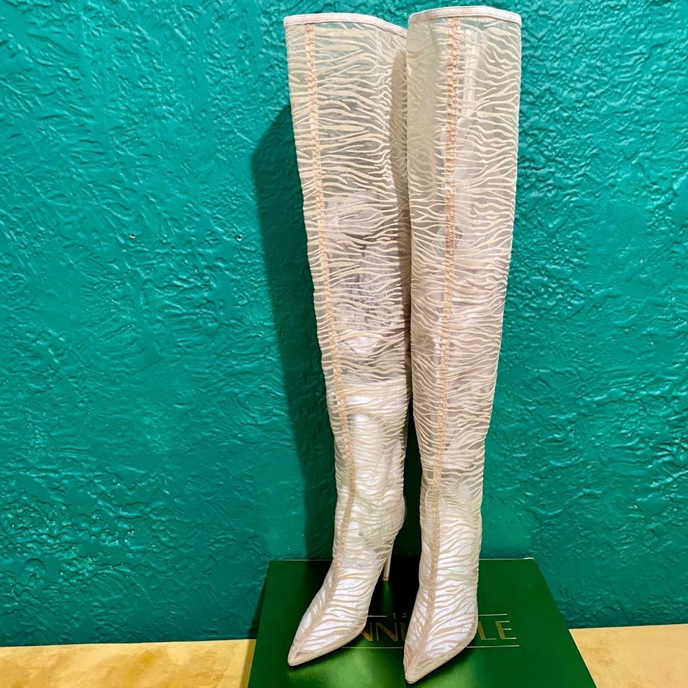 IAMJENNIFERLE ZEBRA X MESH THIGH HIGH BOOT, Beige sz 38
